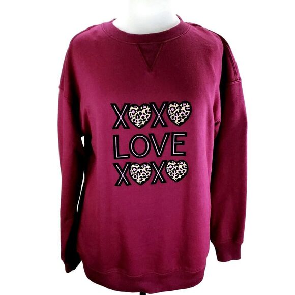 Feeling Festive Tops - Feeling Festive Womans Pink Sweatshirt Sz M Love XXOO Lightweight Hearts Leopard